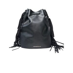 Victorias Secret Black Fringe Backpack Bucket Bag Faux Leather Drawstring Boho‎
